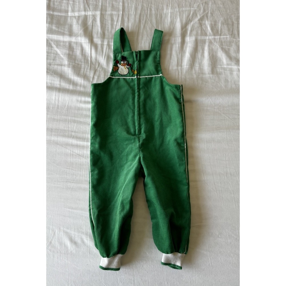 Vintage Sears Infant Corduroy Snowman Embroider Overalls Outfit Green Holiday